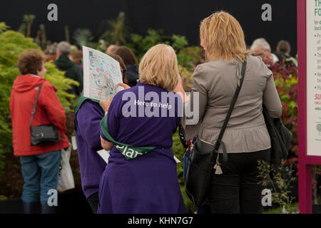 2 female volunteers (job working as plant finders) talk & show map to woman visitor - RHS Chatsworth Flower Show showground, Derbyshire, England, UK. Stock Photo