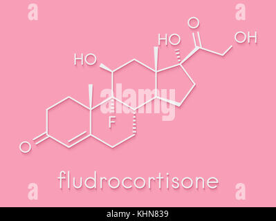 Fludrocortisone aldosterone hormone substitution drug molecule. White skeletal formula on dark ...