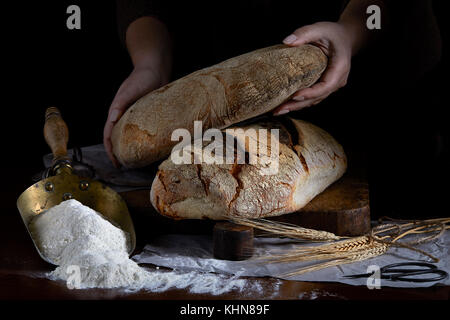 https://l450v.alamy.com/450v/khn89f/bread-loaf-in-baker-hands-on-rustic-table-with-flour-and-wheat-ears-khn89f.jpg