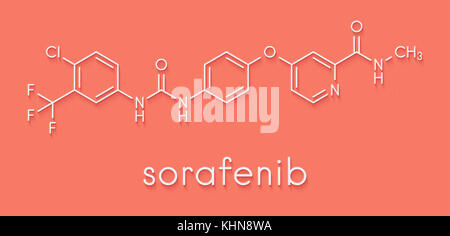 Sorafenib cancer drug molecule. Tyrosine kinase inhibitor (TKI). Skeletal formula. Stock Photo