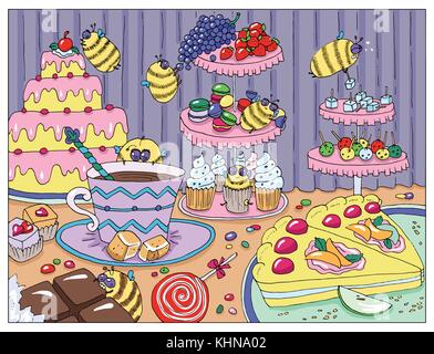 Painting with funny bees in sweetshop Stock Vector