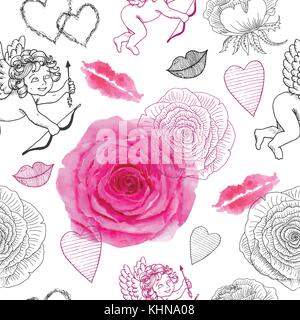 Seamless background with Cupids and roses on white Stock Vector