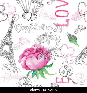Seamless background with the Eiffel Tower and roses on white Stock Vector