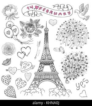 Valentines Day set with the Eiffel tower and love symbols Stock Vector