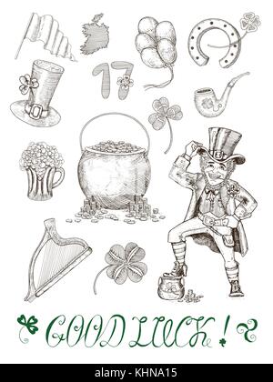 Hand drawn vector set with patricks day symbols Stock Vector