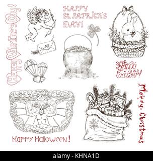 Hand drawn vintage holidays set, hand drawn illustration Stock Vector