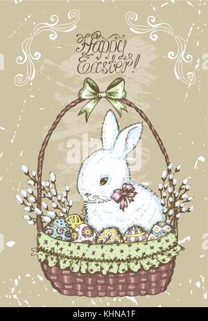 Old card with Easter rabbit in basket with willow, hand drawn vector illustration Stock Vector