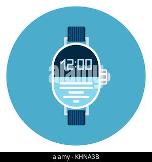 Digital Wrist Watch Icon On Blue Round Background Stock Vector