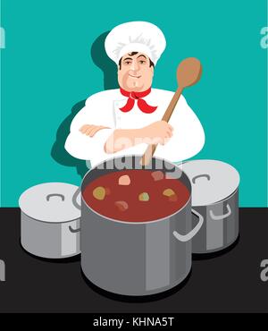 Chef prepares hot soup in the pan, illustration, Vector Stock Vector