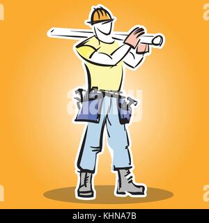 Builder construction worker in protective wear and the helmet does the job. Builder icon. Flat design vector illustration Stock Vector