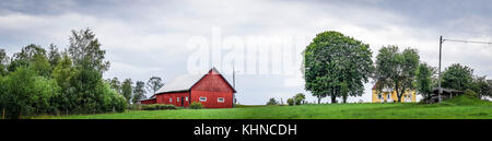 Classic red barn on a green field in a Swedish countryside landscape Stock Photo