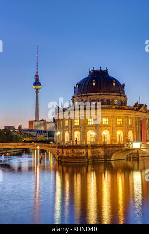 Bode-Museum, Television Tower and Spree river in Berlin before sunrise Stock Photo