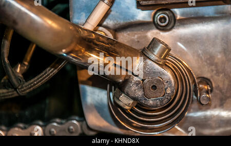 detailed shots of parts and components of an old retro motorcycle veteran Stock Photo