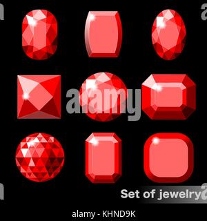 Set of red gems ruby of various shapes. Stock Vector