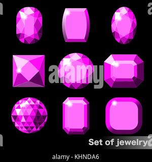 Set of purple gems amethyst of various shapes. Stock Vector