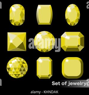 Set of yellow gems topaz of various shapes. Stock Vector