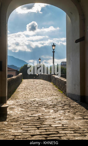 Ancient stone bridge in Pontremoli, Massa, Carrara, Tuscany, Italy Stock Photo