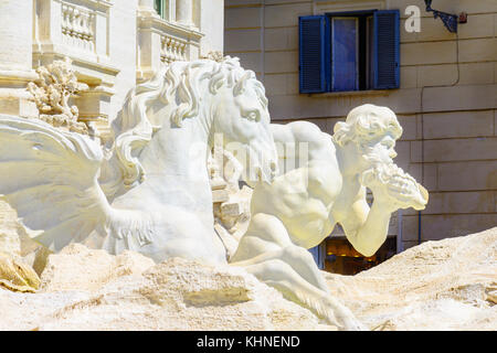 Architectural detail of Trevi Fountain ,Fontana di Trevi, a fountain in the Trevi rione in Rome, Italy, the largest Baroque fountain in the city.