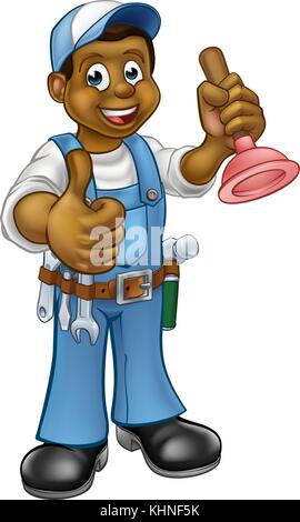 Cartoon Black Plumber Handyman Holding Punger Stock Vector