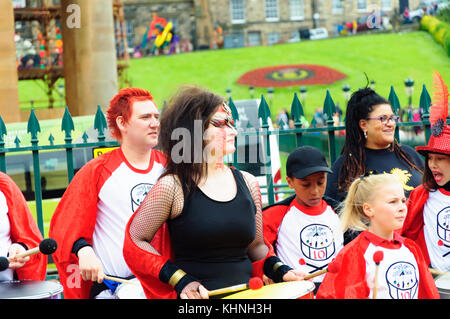 Pulse of the Place, a youth samba band before their performance at the Carnival of The Edinburgh Jazz and Blues Festival Stock Photo