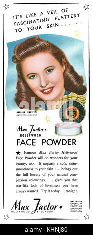 1947 British advertisement for Max Factor Face Powder, featuring actress Barbara Stanwyck. Stock Photo