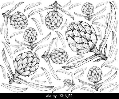 Vegetable, Illustration Background Pattern of Hand Drawn Sketch Delicious Fresh Artichoke Flowers with Green Leaves. Stock Vector