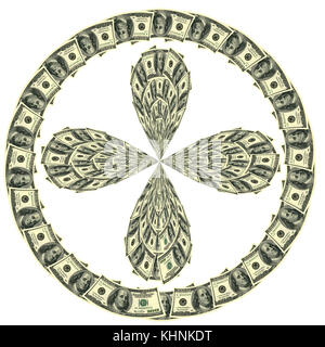 Circular ornament one hundred dollar bill obverse. In center, dollar ornament as four-leaved clover. Stock Photo