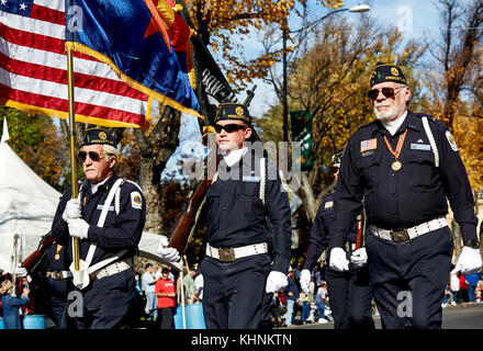 Prescott, Arizona, USA - November 11, 2017: American Legion marchin in the Veterans Day parade on S. Cortez St. Stock Photo