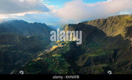 Beautiful landscape of the island of Reunion, mountains, tropics, forests, summer, sky Stock Photo