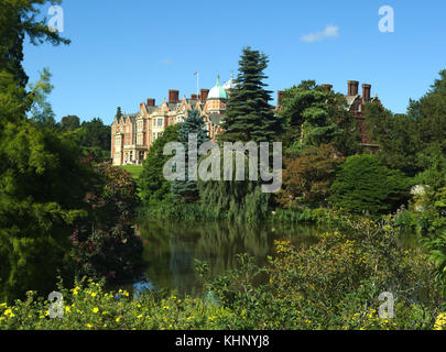SANDRINGHAM HOUSE, NORFOLK, ENGLAND - AUGUST 10, 2017: A view of the house and grounds at Queen Elizabeth II's Sandringham Estate.