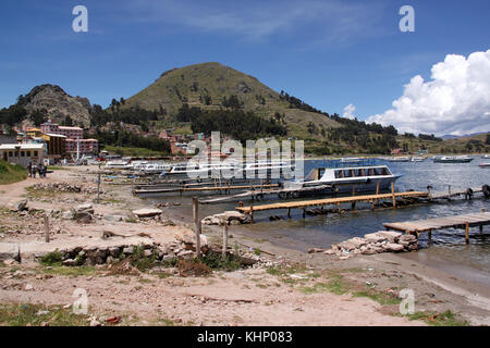 On the lake Titicaca in Copacobana, Bolivia Stock Photo