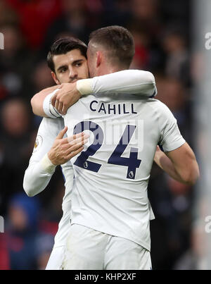 Chelsea's Alvaro Morata (left) celebrates scoring his side's first goal of the game with team mate Gary Cahill during the Premier League match at The Hawthorns, West Bromwich. Stock Photo