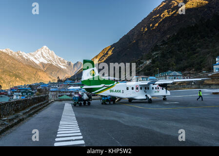 KATHMANDU, NEPAL - CIRCA JANUARY 2017: Tenzing–Hillary Airport, also known as Lukla Airport is said to be one of the most dangerous airport in the wor Stock Photo