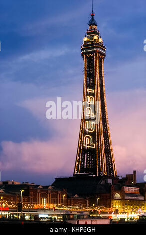 Blackpool Tower illuminated at night. Stock Photo
