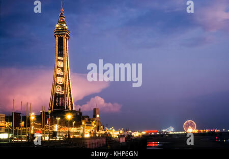Blackpool Tower lit up in the evening duiring the annual Blackpool illuminations. Stock Photo