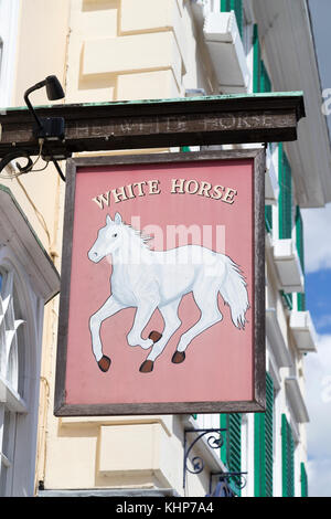 UK, Oxford, the 'White Horse' pub sign, made famous by the television series 'Inspector Morse' and 'Lewis' set in and around Oxford. Stock Photo