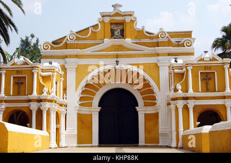 Yellow and white church Iglesia el Calvario in Antigua Guatemala Stock Photo