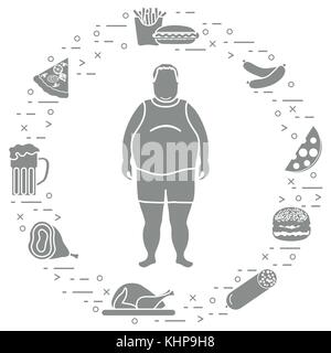 Fat man with unhealthy lifestyle symbols around him. Harmful eating habits. Design for banner and print. Stock Vector