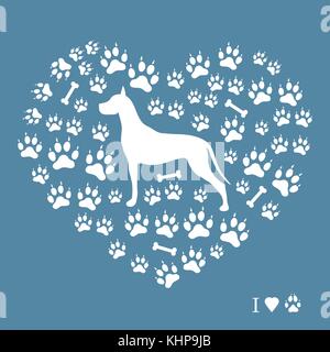 Nice picture of great dane silhouette on a background of dog tracks and bones in the form of heart on a colored background. Stock Vector