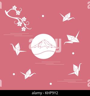 Branch of cherry blossoms, mount Fuji and origami paper cranes. Set of Japan traditional design elements. Stock Vector
