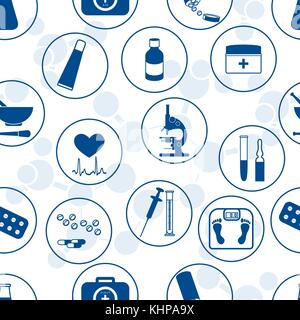 Seamless pattern of various medical devices and drugs first aid kit arranged in a circle. Health and treatment. Stock Vector