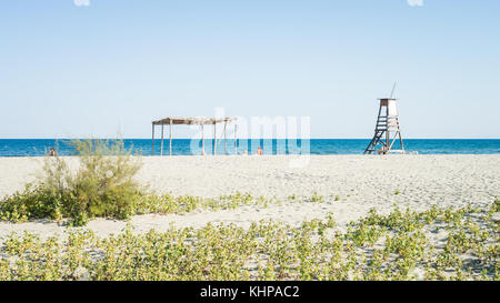 Sunny Day On The Sandy Beach In Paralia Katerini, Aegean sea, Greece Stock Photo