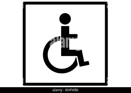 A sign or signage depicting a person in a wheelchair in black silhouetted on white within a square black box, as a disabled or disability sign Stock Photo