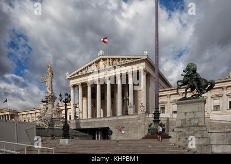 Austria, city of Vienna, Austrian Parliament Building and Goddess Athena statue - Pallas Athene Fountain Stock Photo