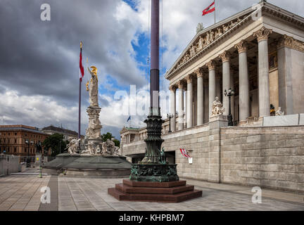 Austria, city of Vienna, Austrian Parliament Building and Goddess Athena statue - Pallas Athene monument Stock Photo