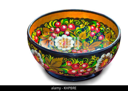 Wooden bowl with beautiful paintings in a traditional style , handmade. Presented on a white background. Stock Photo