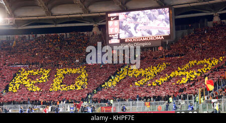 Rome, Italy. 18th Nov, 2017. Roma fans wave flags prior to the start of the Serie A soccer match between Roma and Lazio at the Olympic stadium. Credit: Riccardo De Luca/Pacific Press/Alamy Live News Stock Photo