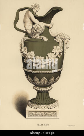 John Flaxman's wine vase decorated with grape foliage, and a satyr grasping a ram's head. Chromolithograph W. Griggs from Frederick Rathbone's Old Wedgwood, the Decorative or Artistic Ceramic Work Produced by Josiah Wedgwood, Quaritch, London, 1898. Stock Photo
