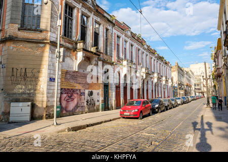 City of Santos old downtown street scene with abandoned houses, mansions, Valongo neighbourhood, Santos, Sao Paulo, Brazil. Stock Photo