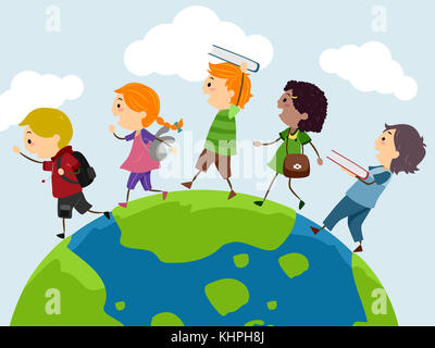 Stickman Illustration of a Group of Preschool Kids Walking on Top of a Globe Stock Photo